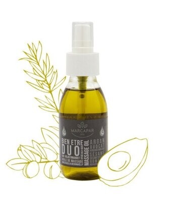 L’Huile Bien-être Duo est une synergie d’huiles végétales et d’huiles essentielles.  (sésame, avocat, noyau d’abricot, argan)