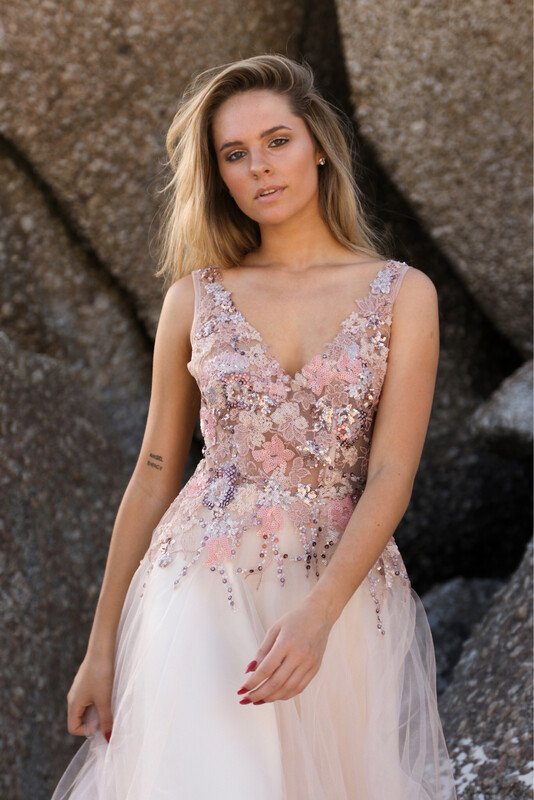 Nude Pink embroidered floral Ballgown
