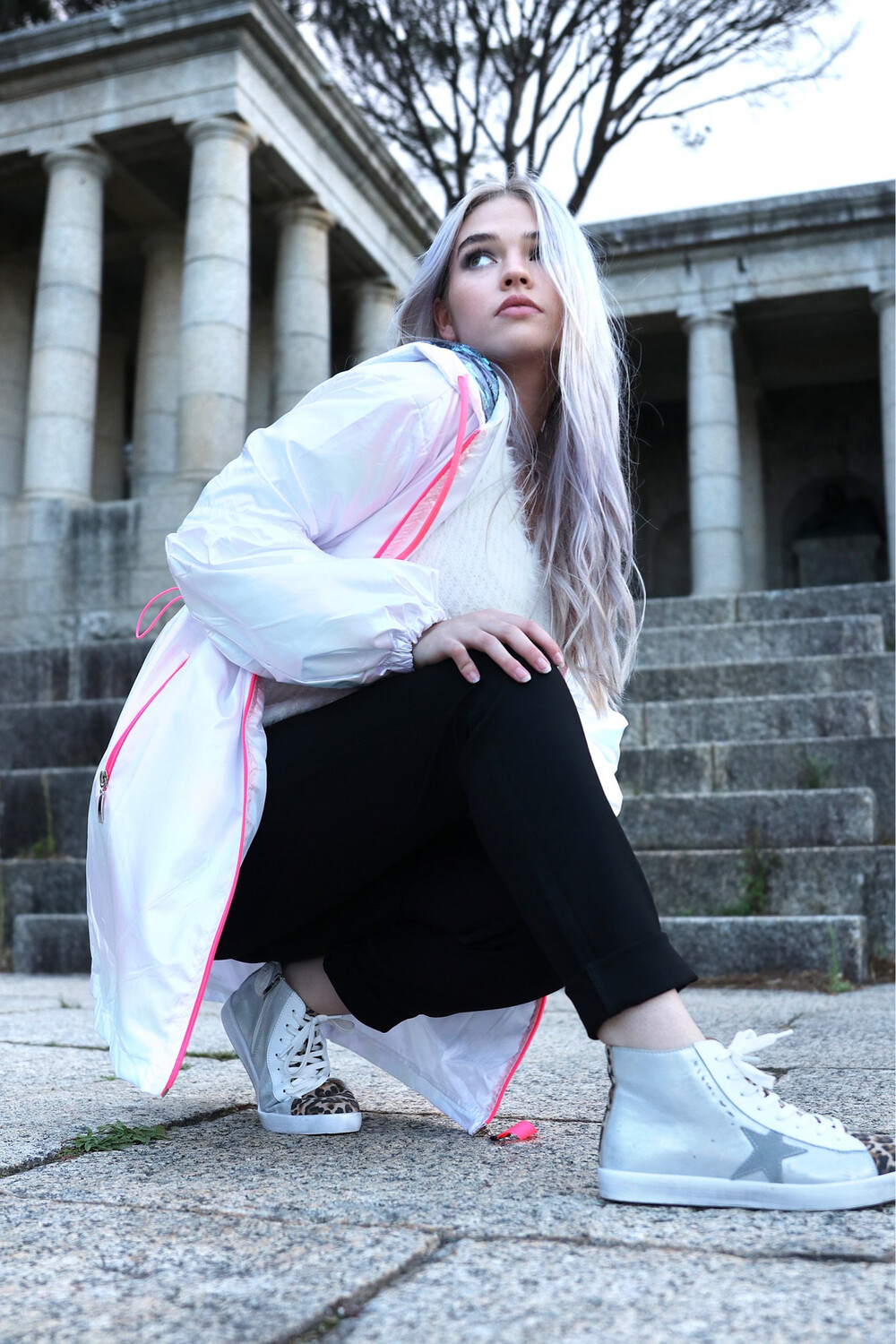 Iridescent Hooded Trenchcoat With Neon Pink Detail
