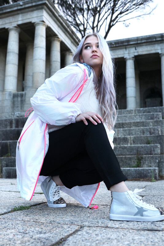 Iridescent Hooded Trenchcoat With Neon Pink Detail