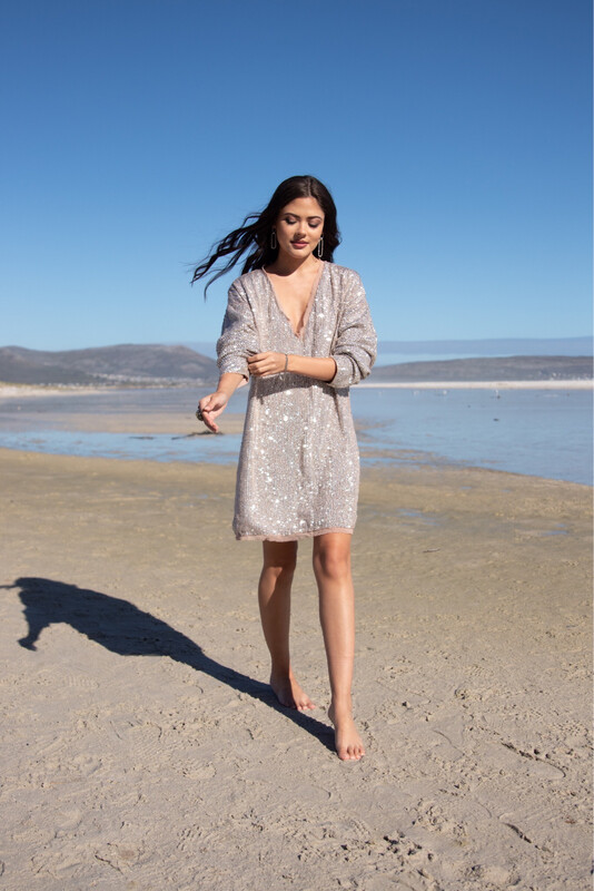 Fully Beaded Metallic Studded Cocktail Dress