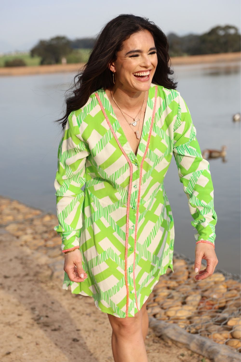 Soft neon shirtdress with delicate fringe detail