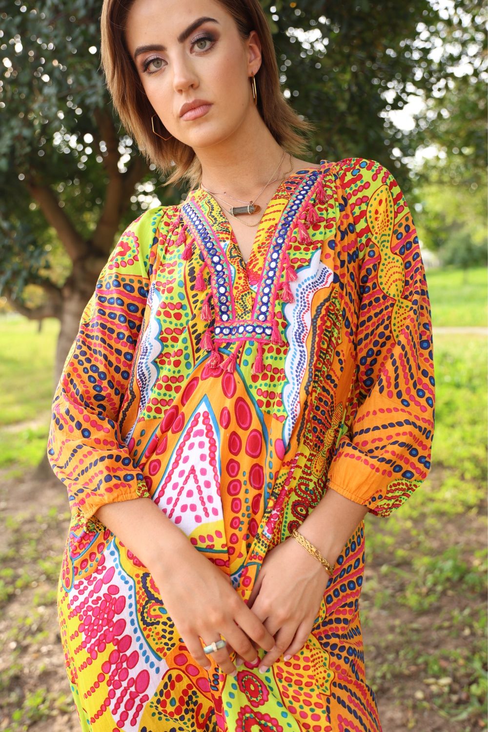 Neon printed maxi cotton kaftan dress