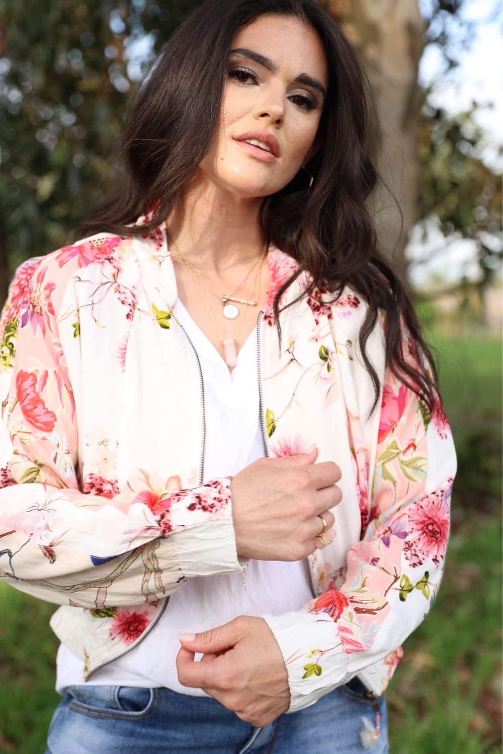 French floral printed viscose bomber jacket
