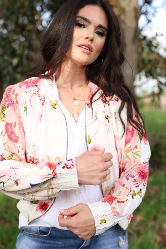 French floral printed viscose bomber jacket