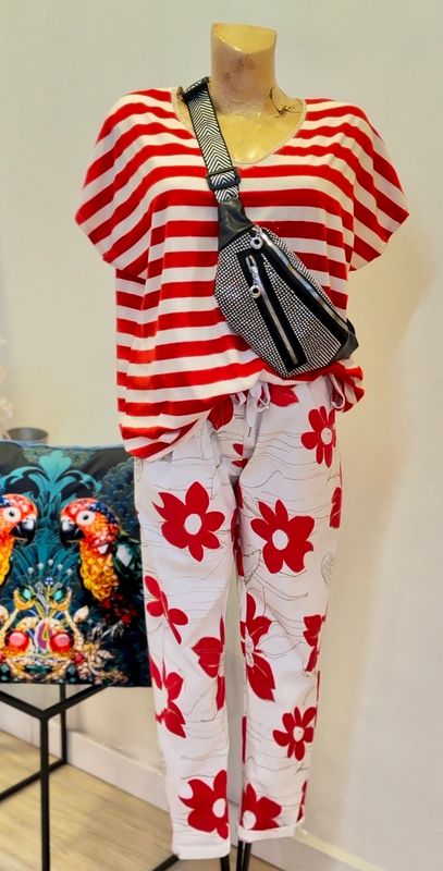 Red Striped V-neck Tee Worn With Red Floral Stretch Pants