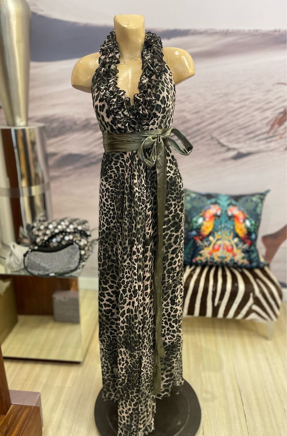 Leopard Print With Frill Halter Neck Dress