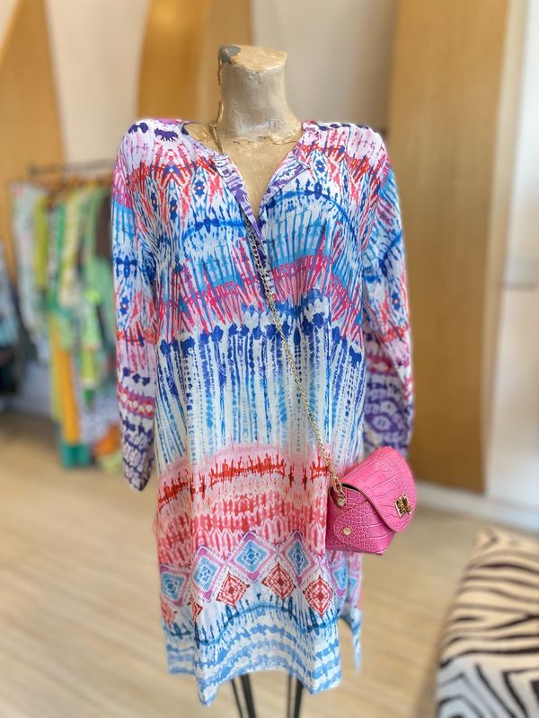 Blue And Pink Aztec Print Tunic Dress