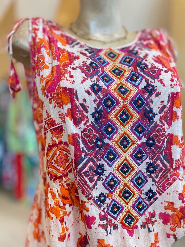Bright Aztec Beaded Sleeveless Top With Tassels