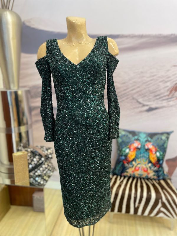 Fully Beaded Green Open Shoulder Long Sleeve Dress