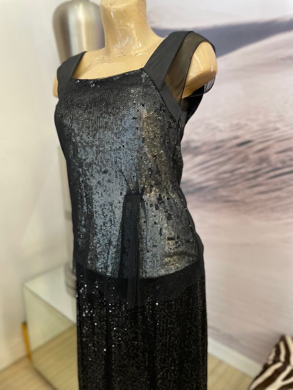 Matt Black Sequin Mesh Top Worn With Fully Sequin Black Skirt