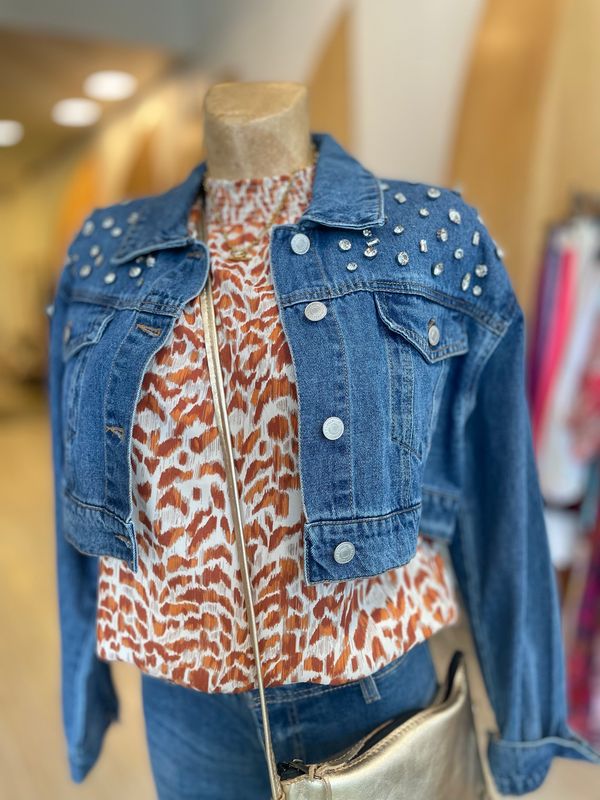Denim Cropped Crystal Detailed Jacket