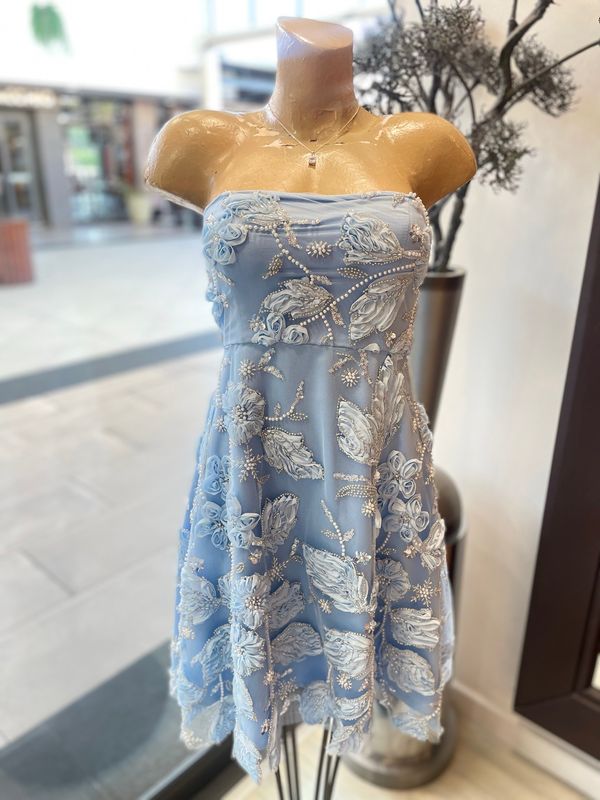 Ice Blue Floral Sequins Boobtube Mini Dress With Lace Back