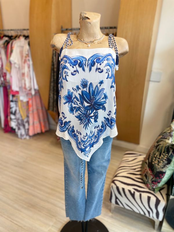 Silk Floral Blue Tie Top