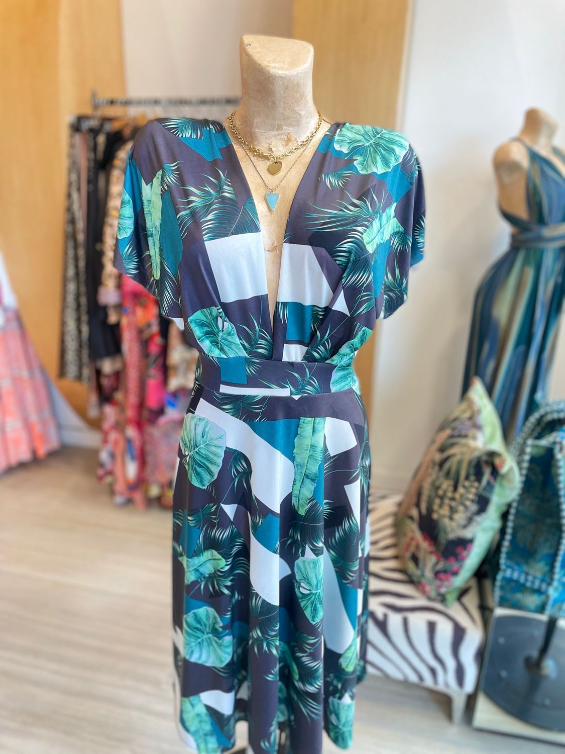 Leaf Printed Adjustable V-Neck Mini Dress