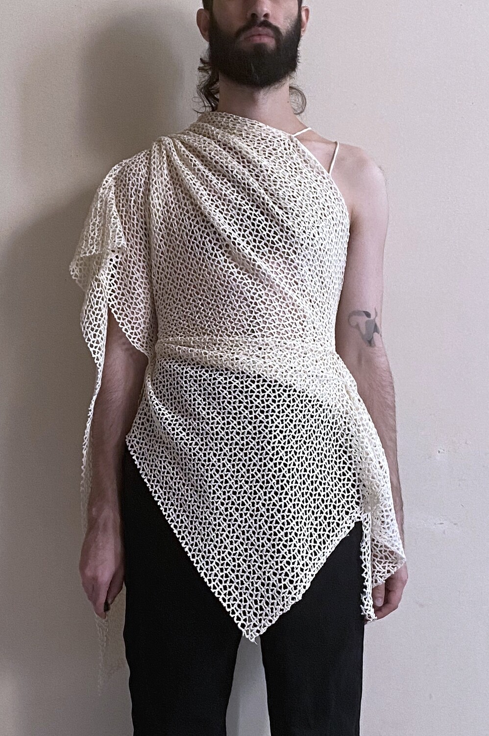 draped crochet knit top, cream