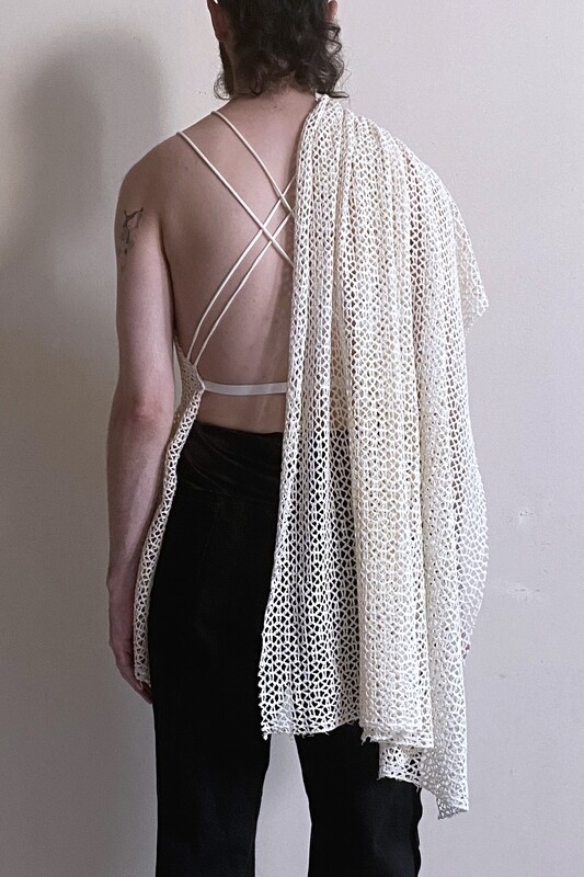 draped crochet knit top, cream