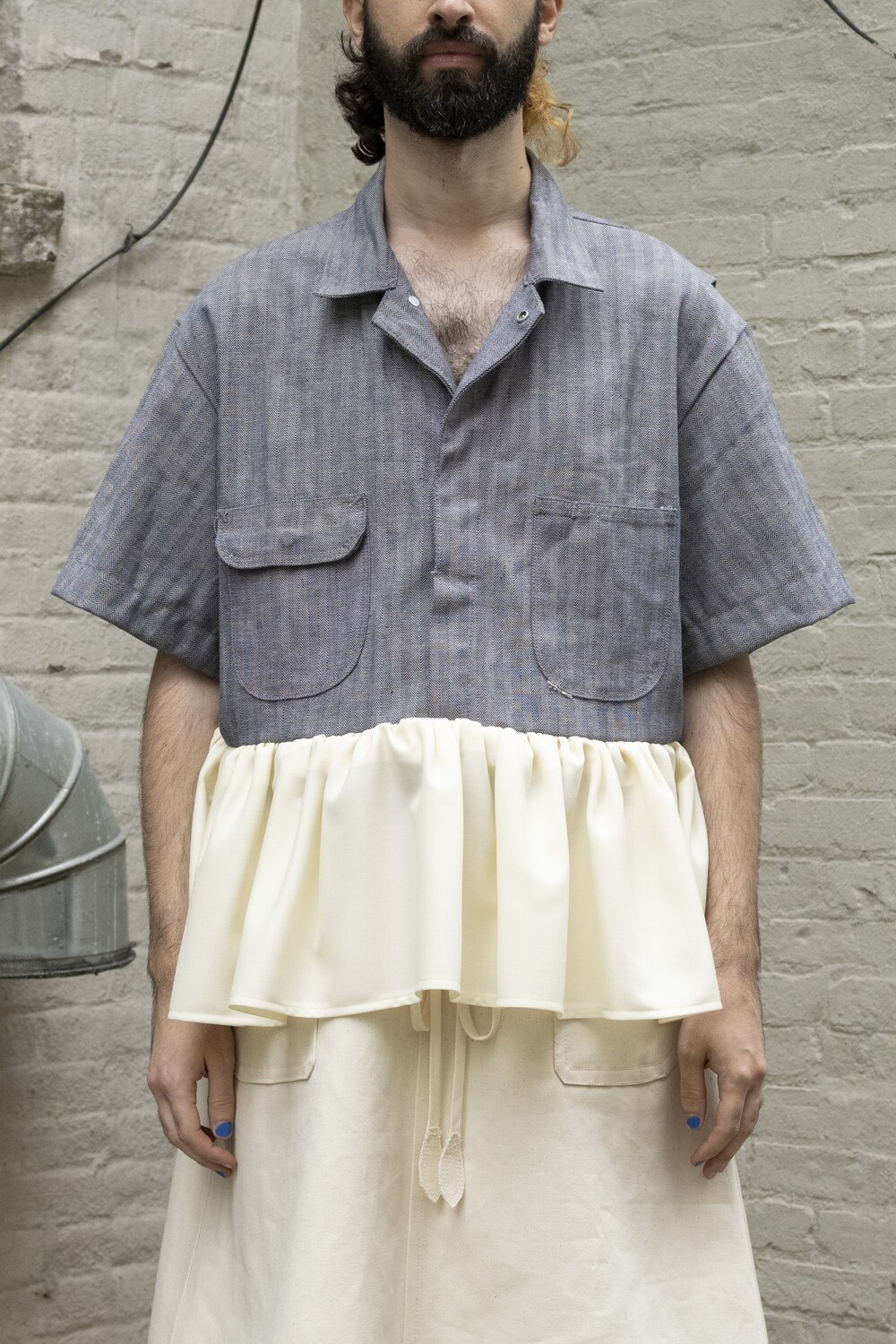 reworked herringbone coverall shirt, blue/grey