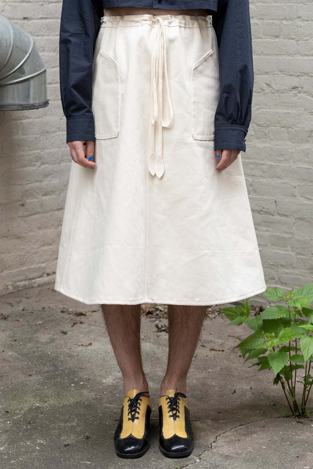 denim a-line skirt, ecru