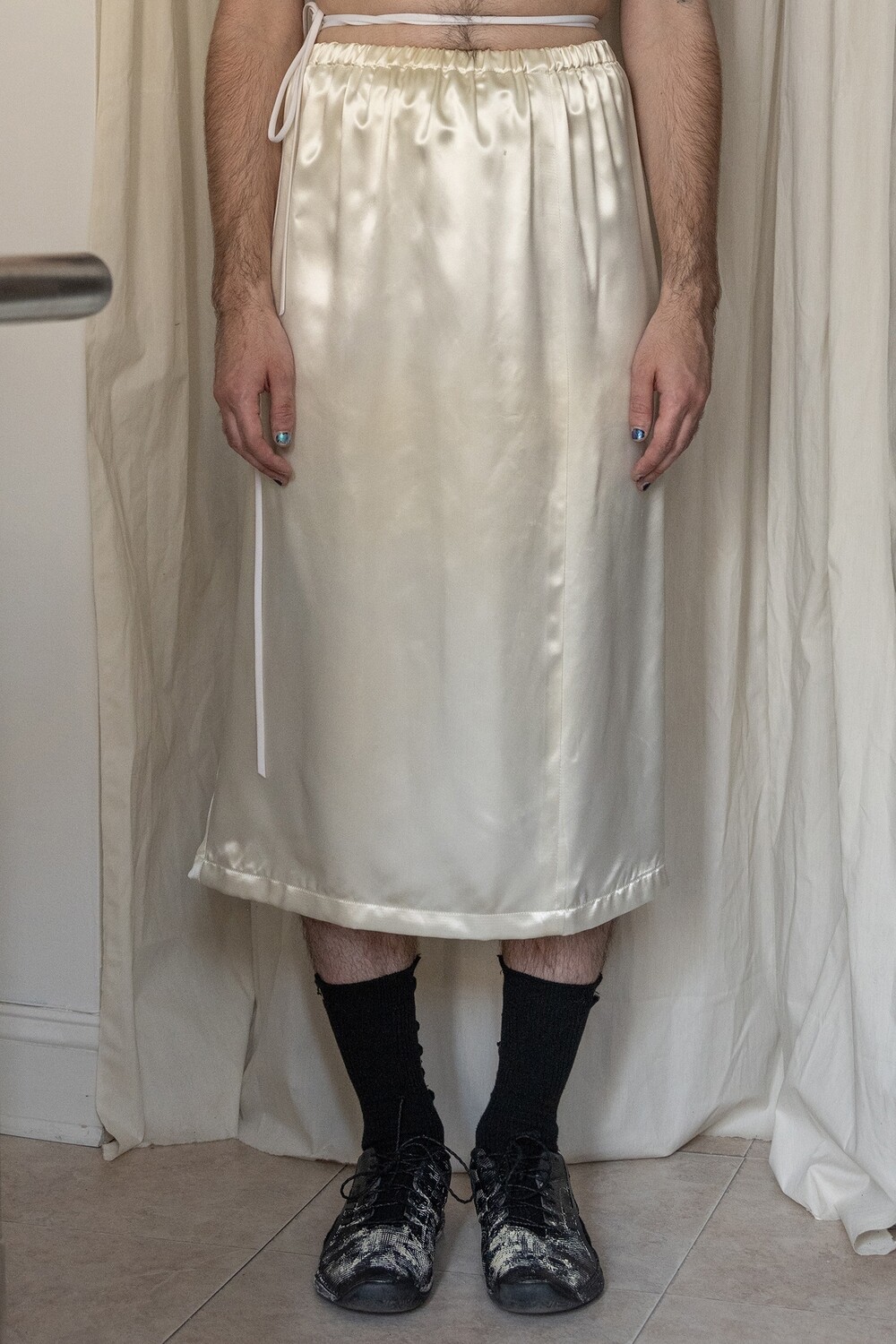 satin h-line skirt, ivory