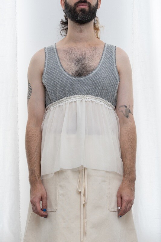 trapunto tulle/silk camisole, grey/ivory