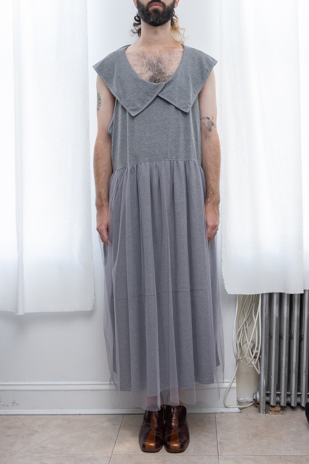 sleeveless overlap square collar dress, grey/lavender