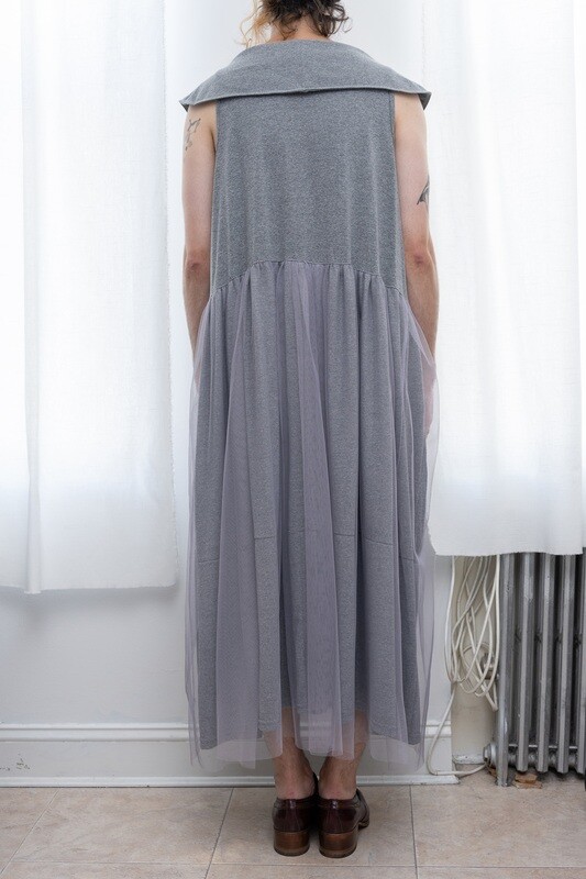 sleeveless overlap square collar dress, grey/lavender