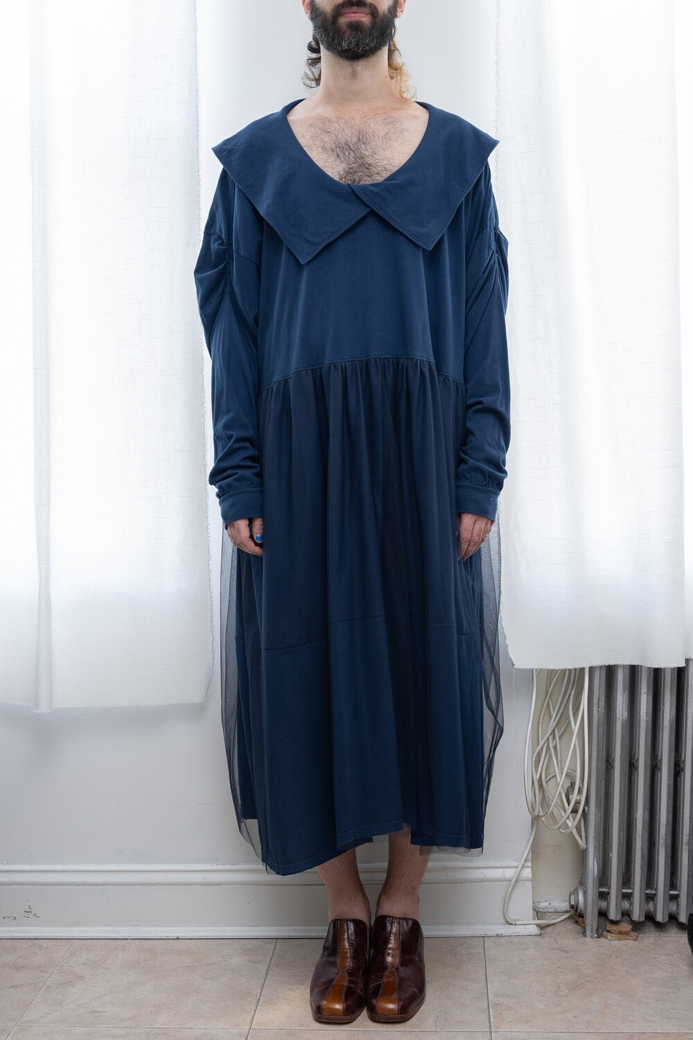 long sleeve overlap square collar dress, navy