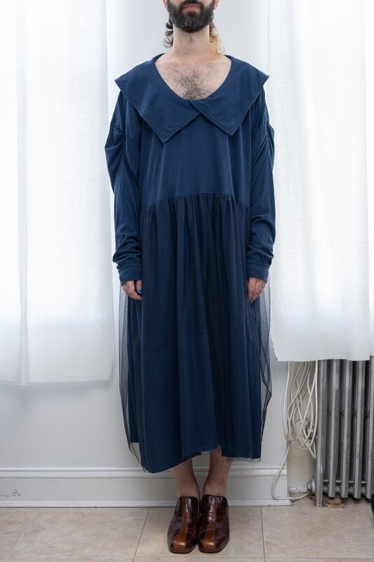 long sleeve overlap square collar dress, navy