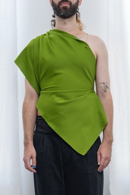 one shoulder draped top, dark chartreuse