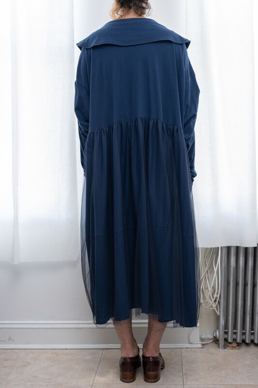 long sleeve overlap square collar dress, navy