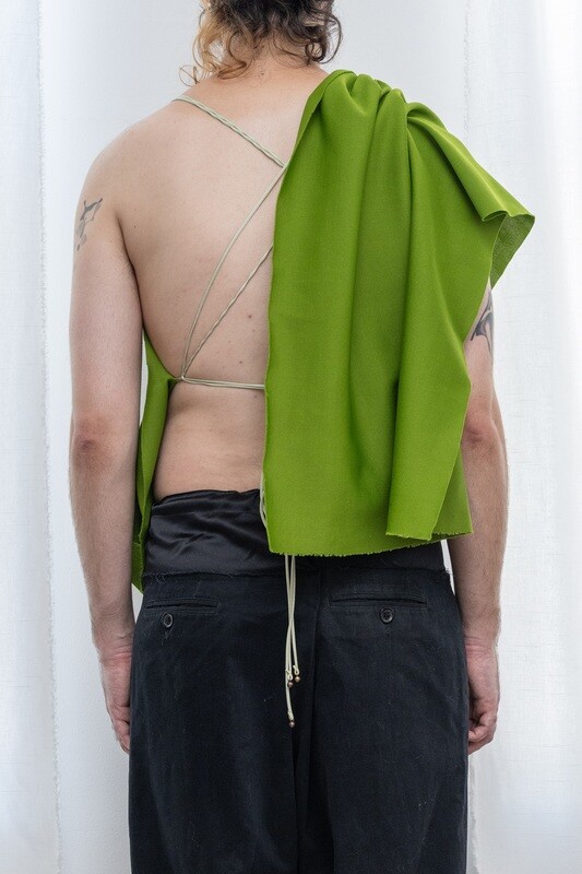 one shoulder draped top, dark chartreuse