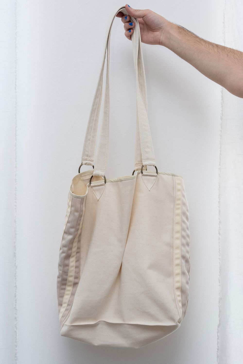 denim/wool pleated tote, ecru