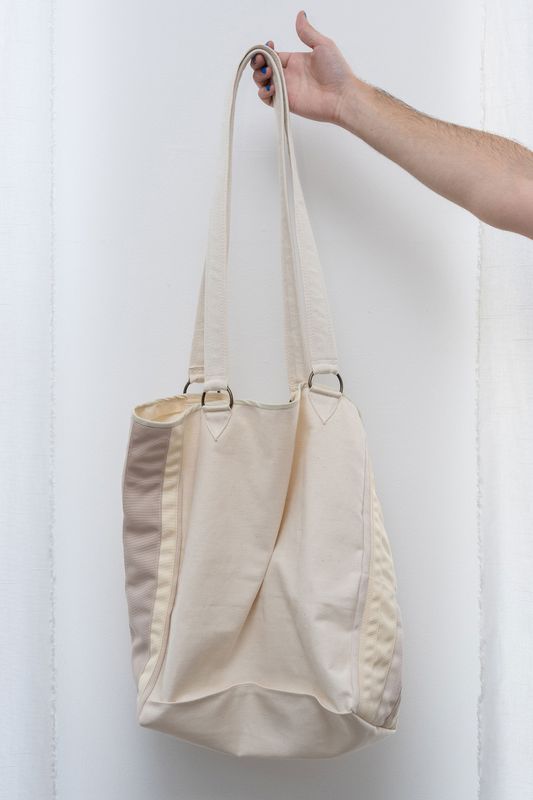 denim/wool pleated tote, ecru