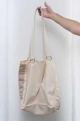 denim/wool pleated tote, ecru