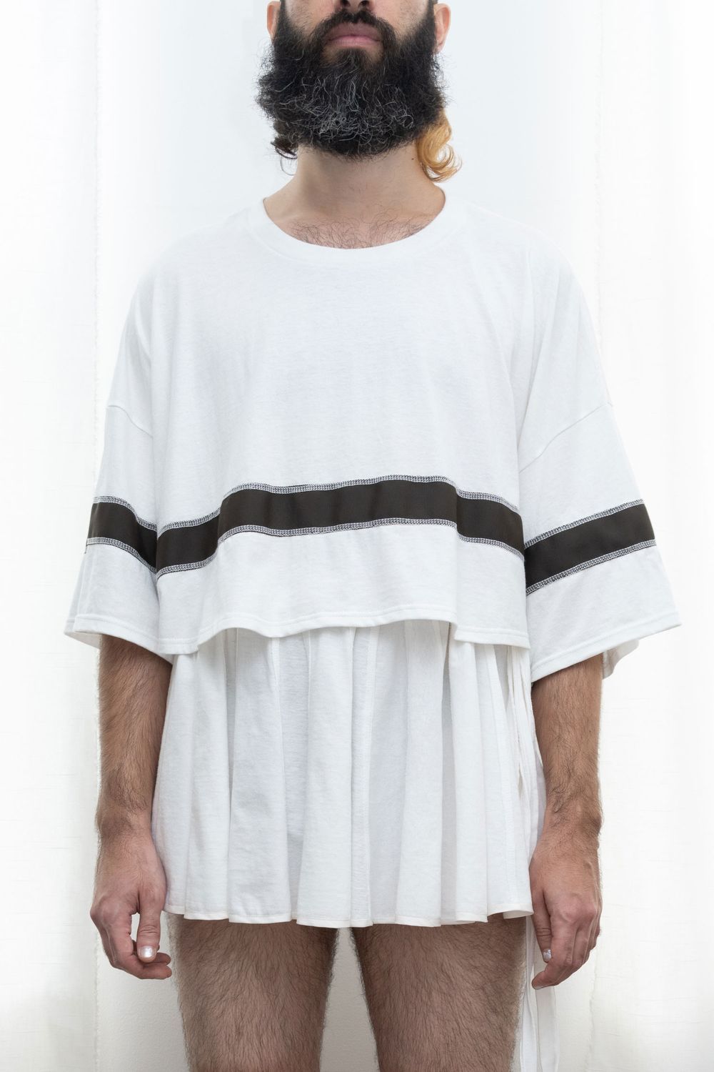 cropped grosgrain stripe tee, white/brown