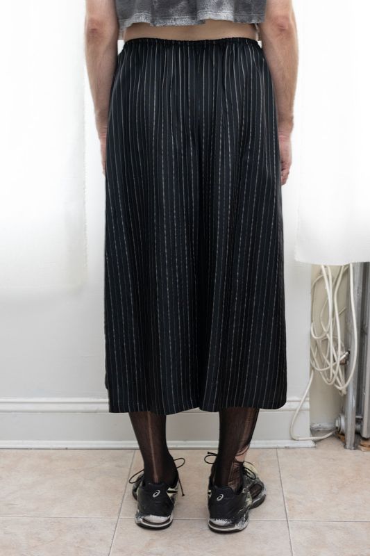 washed acetate pinstripe split skirt, black/silver