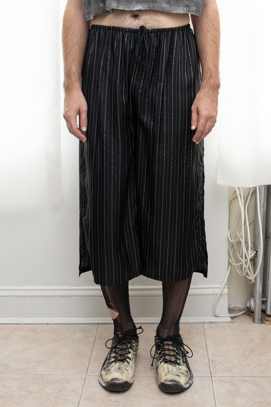 washed acetate pinstripe split skirt, black/silver