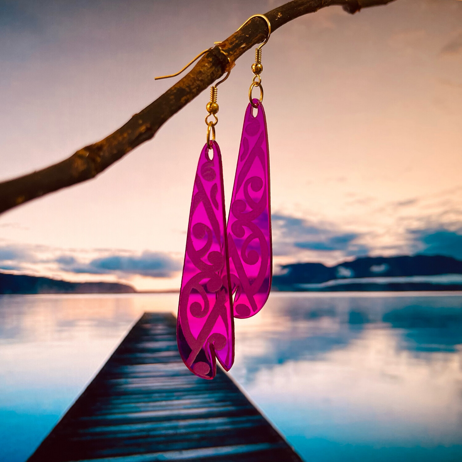 Huia- Transparent Purple Kowhaiwhai Earrings 