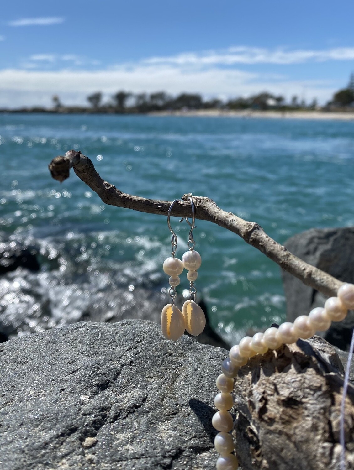 Cowrie shell &amp; freshwater pearl drop earrings