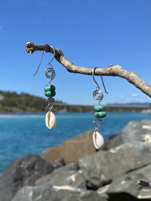 Silver Wave &amp; African Turquoise Cowrie Shell earrings
