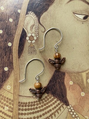 Pewter, wood & Argentium bee drop earrings