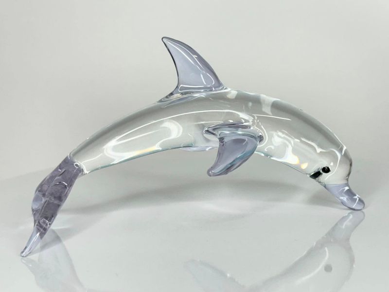 🐬 Tropical Twirler 🐬 Handmade Borosilicate Glass Dolphin Sculpture – Clear with Transparent Purple Fins &amp; Tail