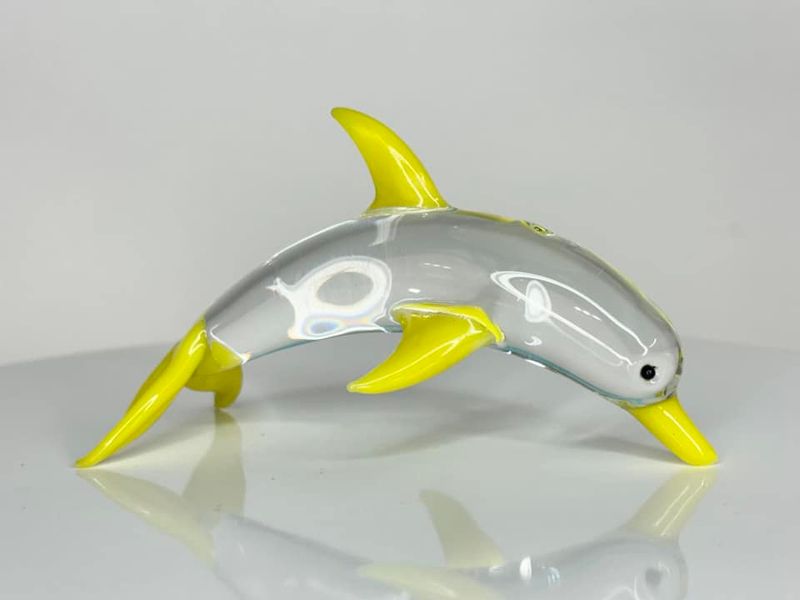 🐬 Sunray Skipper 🐬 Handmade Borosilicate Glass Dolphin Sculpture – Clear with Yellow Fins &amp; Tail