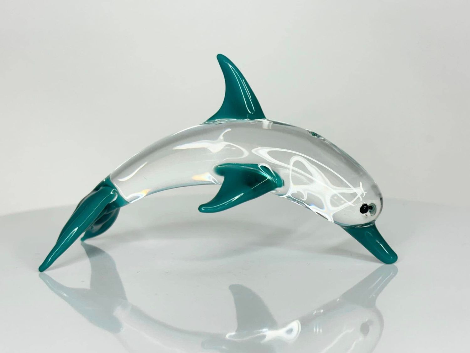 🐬 Teal Tide Dancer 🐬 Handmade Borosilicate Glass Dolphin Sculpture – Clear with Teal Fins &amp; Tail