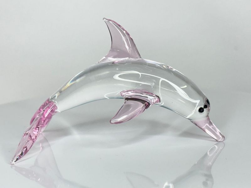 🐬 Blush Wave 🐬 Handmade Borosilicate Glass Dolphin Sculpture – Clear with Transparent Pink Fins &amp; Tail