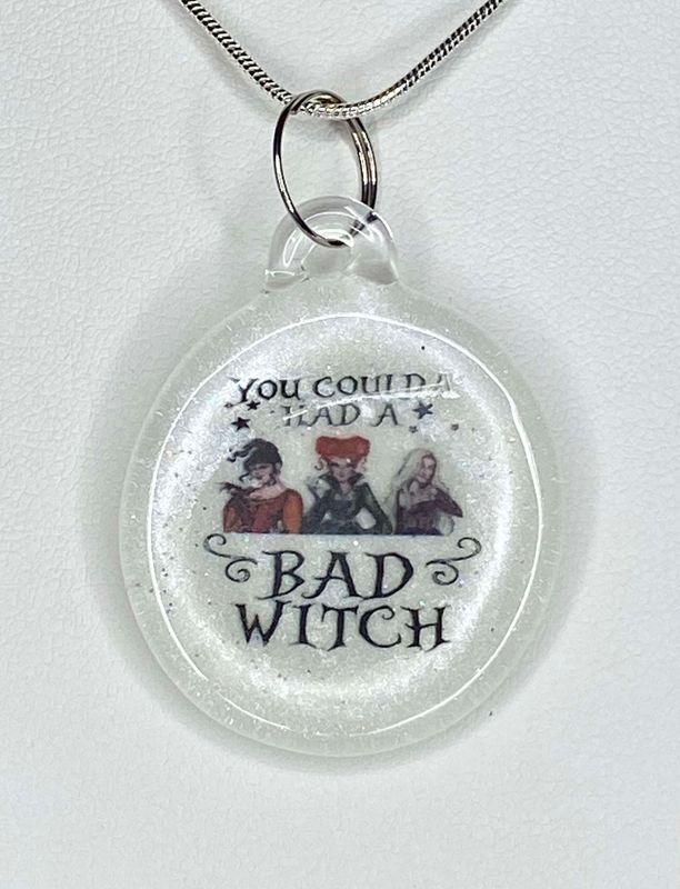 🧹 You Coulda Had A Bad Witch 🧹 UV Reactive Glow In The Dark Handmade Borosilicate Glass Pendant with waterslide decal