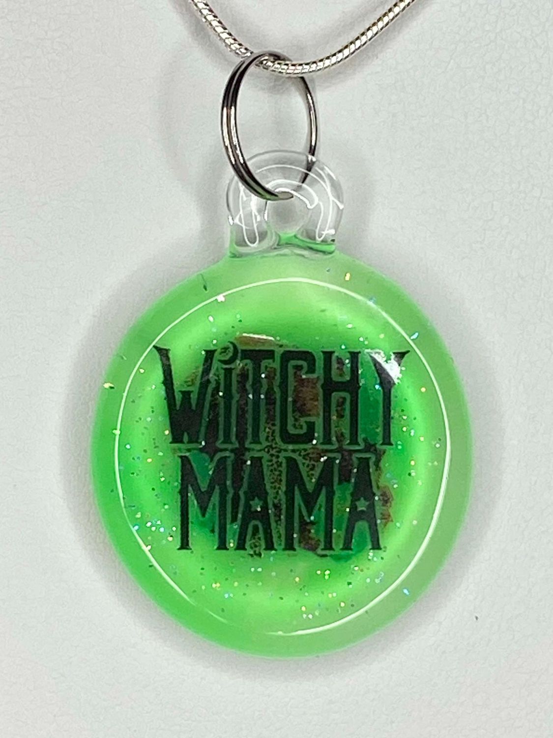 🧹 Witchy Mama 🧹Handmade Borosilicate Glass Pendant with UV-DTF Decal UV Reactive Glow In The Dark