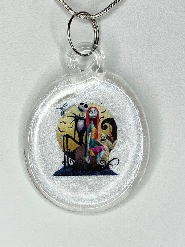 💀 Jack &amp; Sally 🎃 Handmade Borosilicate Glass Pendant with Waterslide Decal