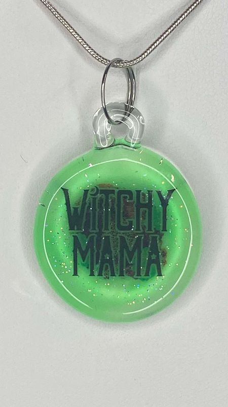 🧹 Witchy Mama 🧹Handmade Borosilicate Glass Pendant with UV-DTF Decal UV Reactive Glow In The Dark